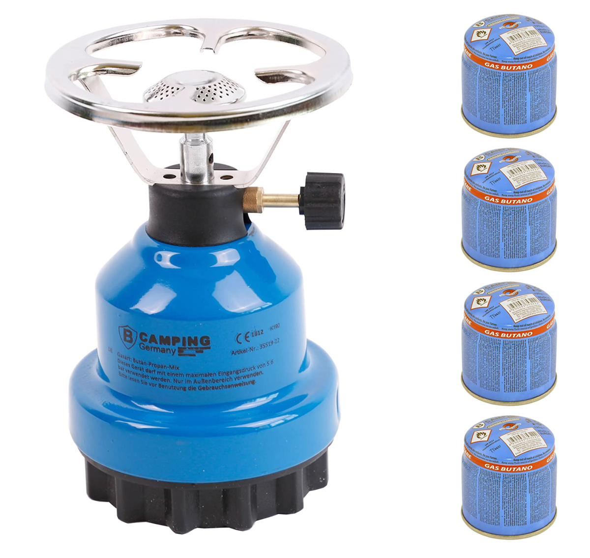 Klassischer, handlicher Gaskocher , ideal zum Campen oder für Backpacker, inklusive 4 Gaskartuschen zum Wechseln, ca. 14 Euro >>