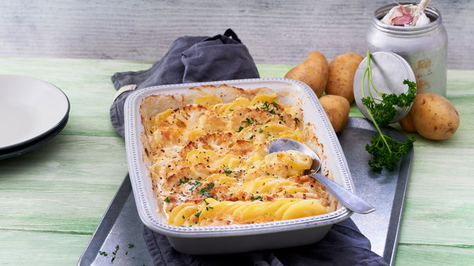 Rezept für ein Kartoffel-Blumenkohl-Gratin