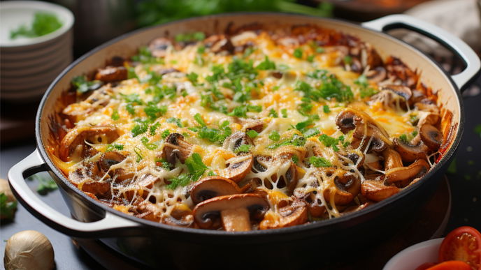 Rezept für deftigen Pilzauflauf mit Kartoffeln und Käse
