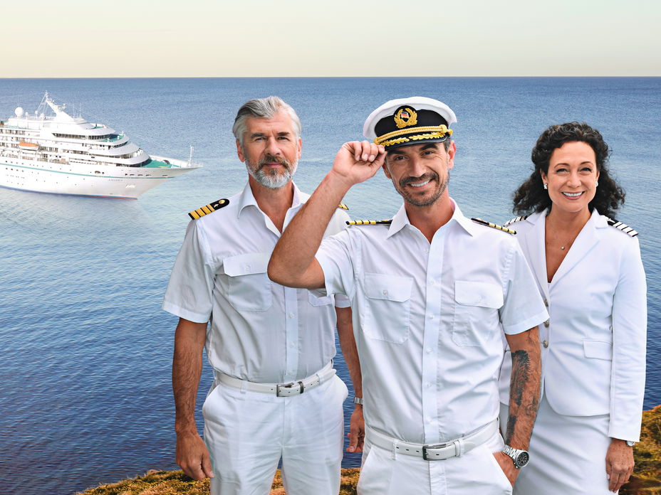 Die Stammbesetzung auf dem "Traumschiff": Staff-Kapitän Martin Grimm (Daniel Morgenroth), Kapitän Max Parger (Florian Silbereisen) und Hoteldirektorin Hanna Liebhold (Barbara Wussow).