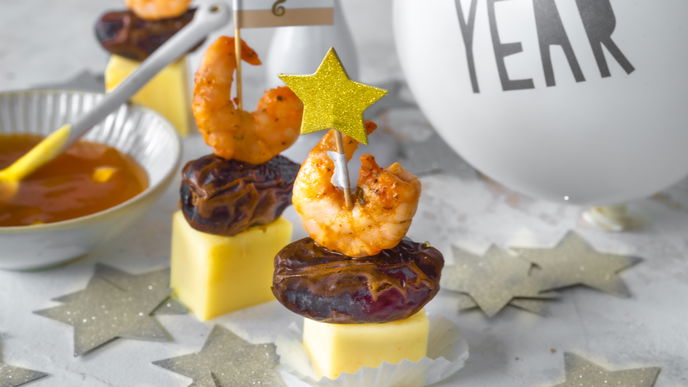 Rezept für Garnelen-Dattel-Spieße mit Mango-Dip