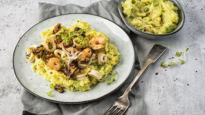 Rezept für getrüffelte Meeresfrüchte mit Erbsen-Fenchelpüree