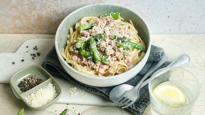 Rezept für proteinreiche Hackfleischsauce à la Carbonara