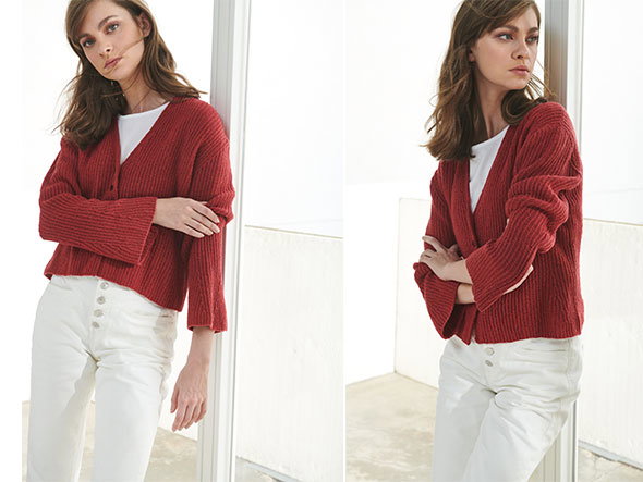 Model in roter Strickjacke aus Kaschmir von Lana Grossa