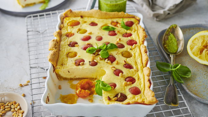 Rezept für Tomaten-Quiche mit Ricotta und frischem Pesto 