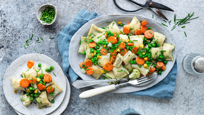 Unsere gebratenen Maultaschen mit Buttergemüse sind in nur 15 Minuten fertig