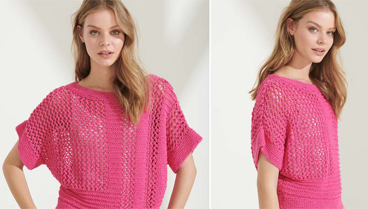 Model in pinkem Lochmuster-Pullover von Lana Grossa