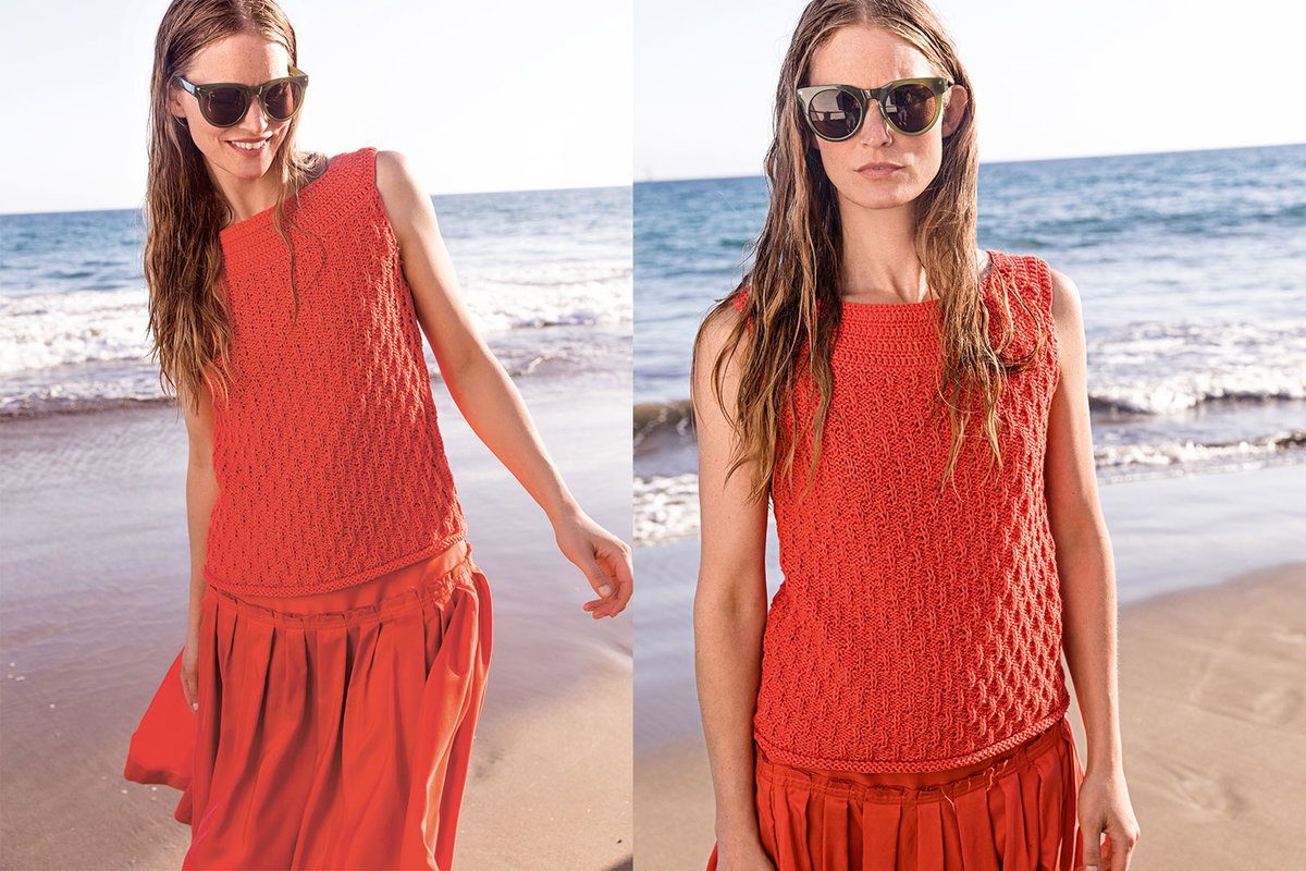 Model in U-Boot Stricktop in Korallenrot von Lana Grossa