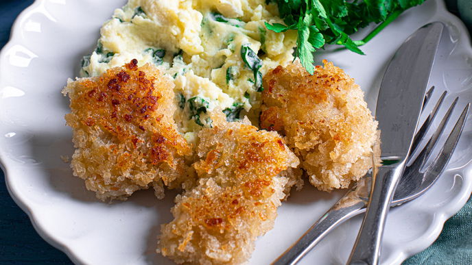 Rezept für Fischnuggets mit Spinat-Kartoffelstampf