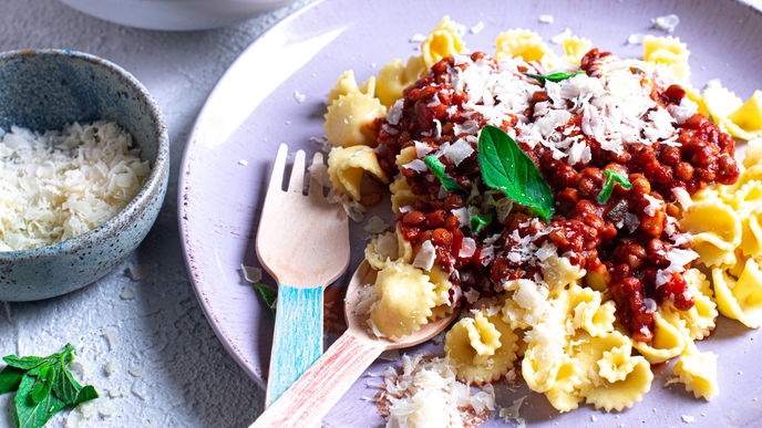 Rezept für vegetarische Bolognese mit Linsen und Gemüse