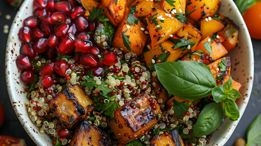 Frisch und super leicht: Quinoa-Tabouleh mit Granatapfel und Grillgemüse