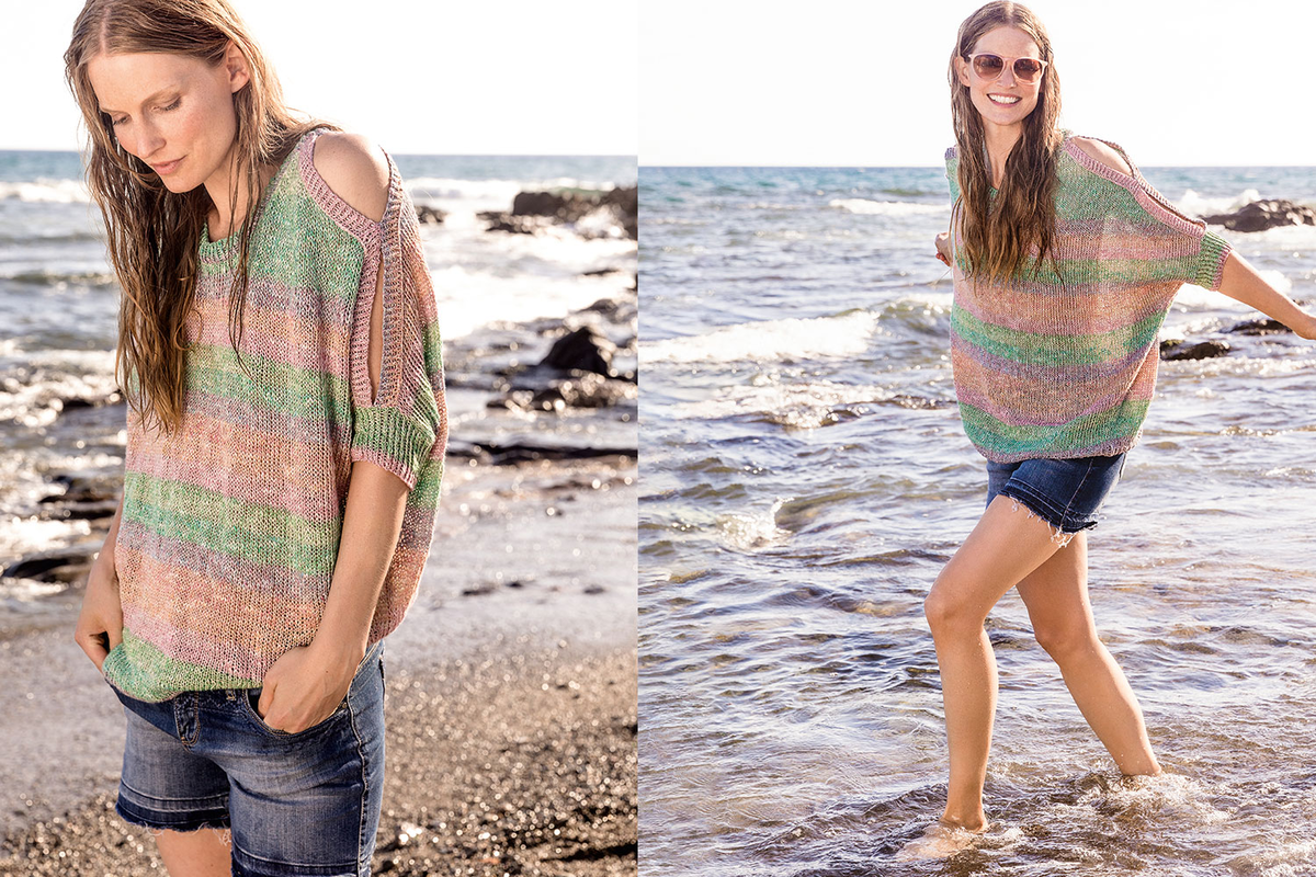 Model in gestreiftem Sommershirt mit Cut-Outs
