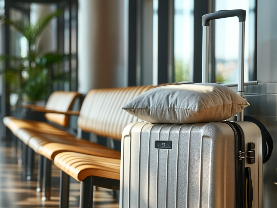 Ein Koffer mit einem Kissen am Flughafen