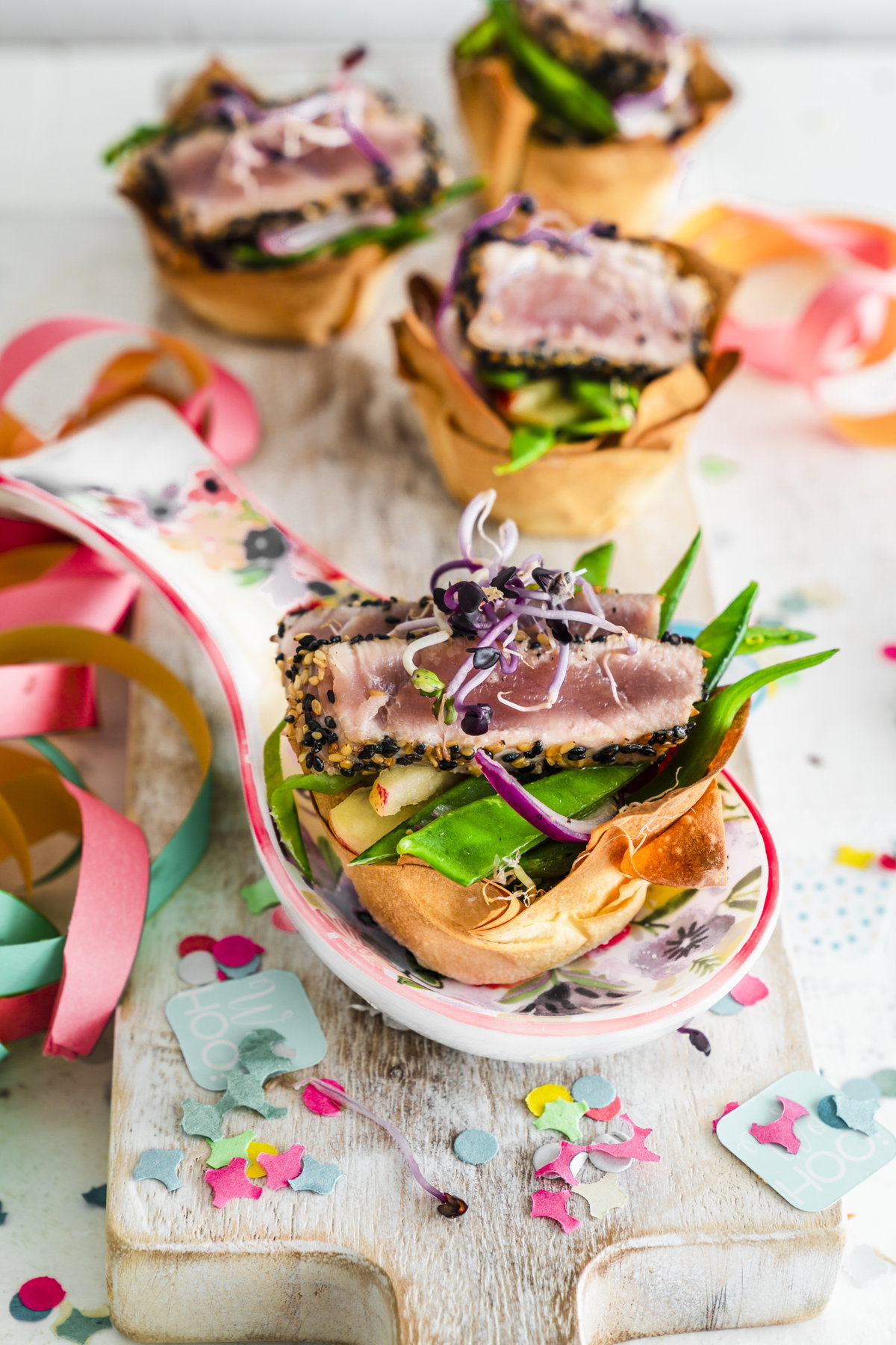 Filoteigtörtchen mit Thunfisch und Zuckerschoten