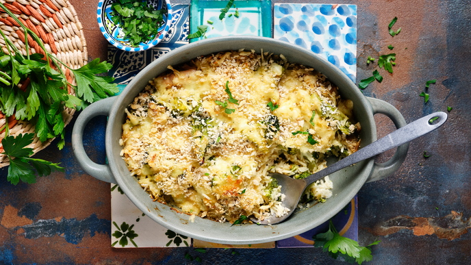 Rezept für gebackenen Reis mit Brokkoli und Hähnchen