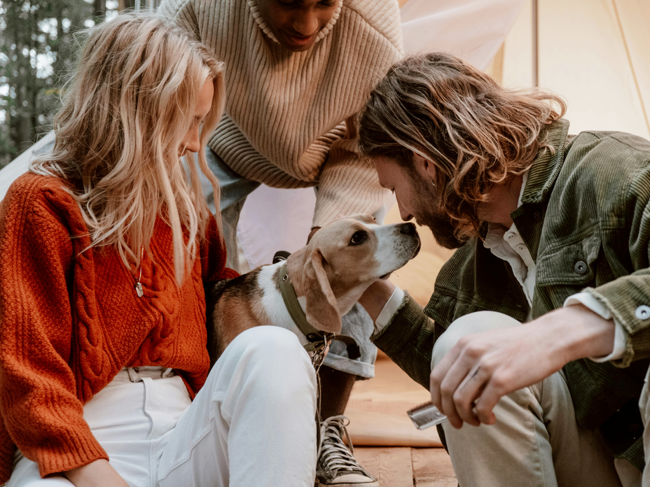 Familie auf einem Campingplatz mit Hund