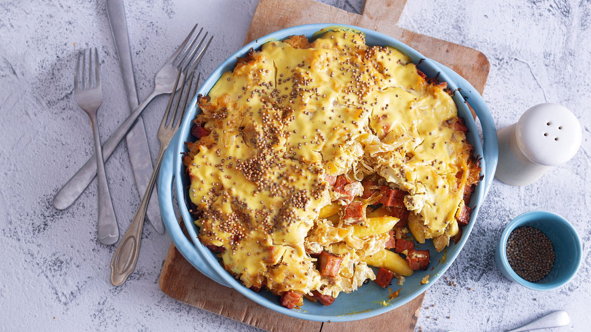 Rezept für Sauerkraut-Auflauf mit Schupfnudeln und Leberkäse 