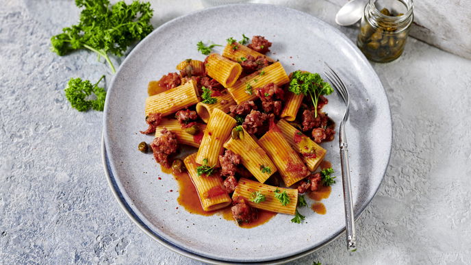 Rezept für schnelle Rigatoni al Ragu di Salsiccia