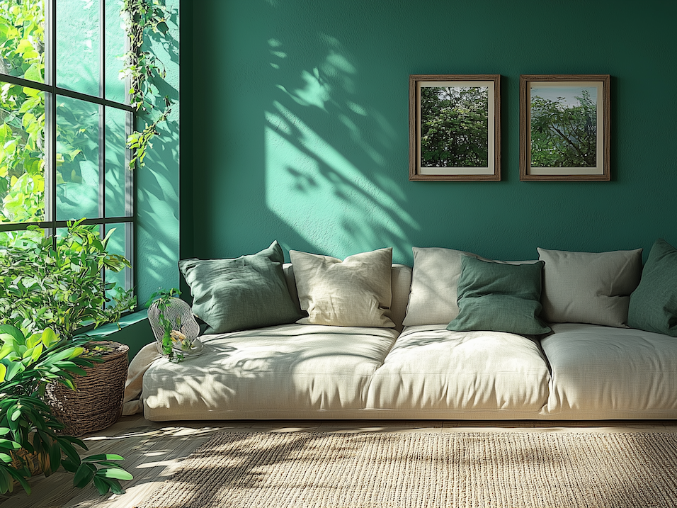 Ein helles Sofa vor einer dunkelgrünen Wand.