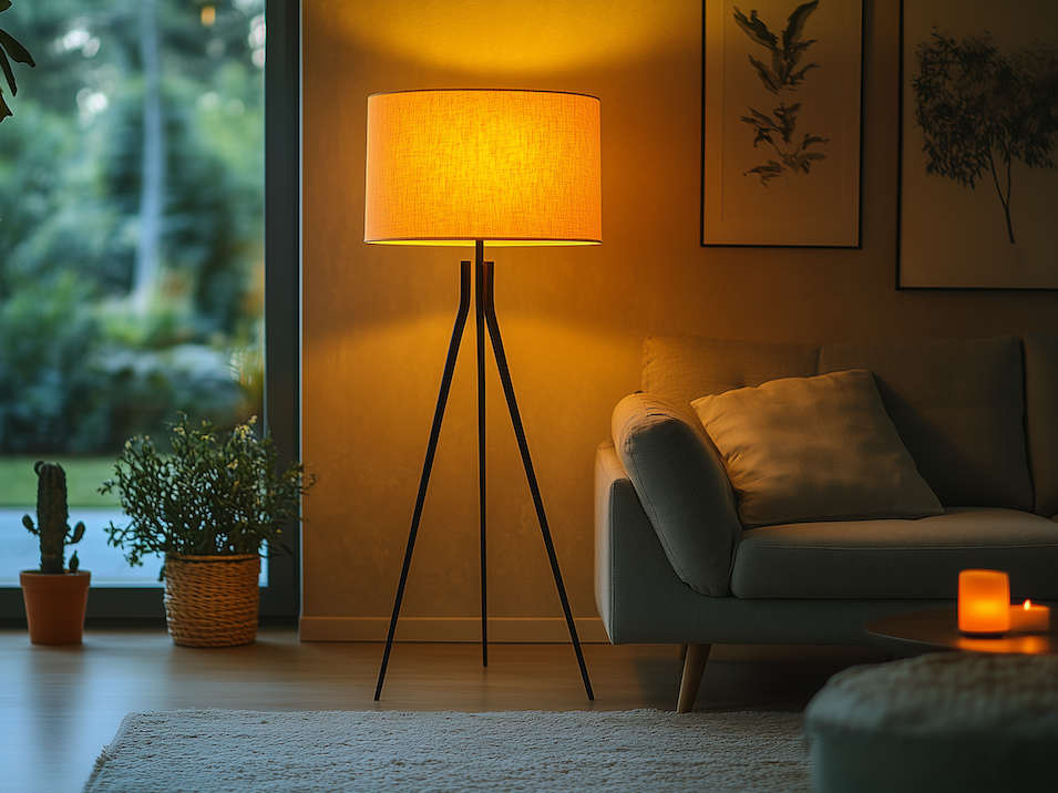 Eine Lampe im Wohnzimmer neben der Couch.