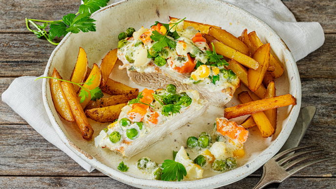 Rezept für überbackenes Putenschnitzel mit Leipziger Allerlei und Hollandaise