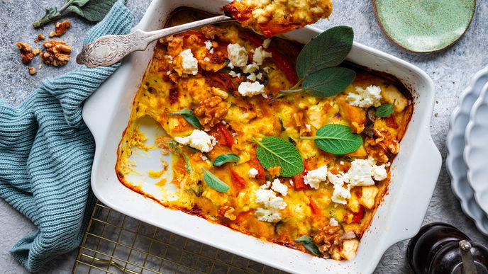 Rezept für Putenschnitzel-Auflauf mit Kürbis und Feta