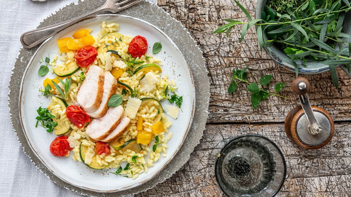 Rezept für Risotto mit Gemüse und Hähnchenbrust