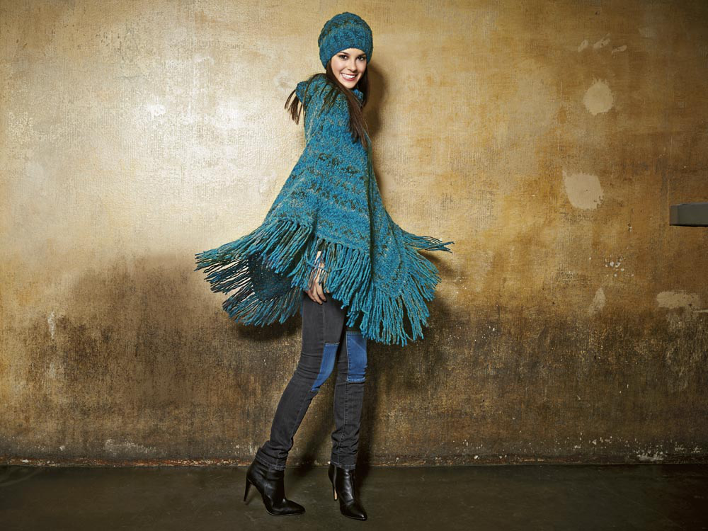 Stricken mit Merinowolle - Muster-Poncho mit Fransen