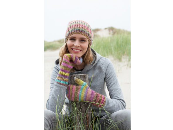 Stricken mit Merinowolle - Strickmütze und Handschuhe in Regenbodenfarben
