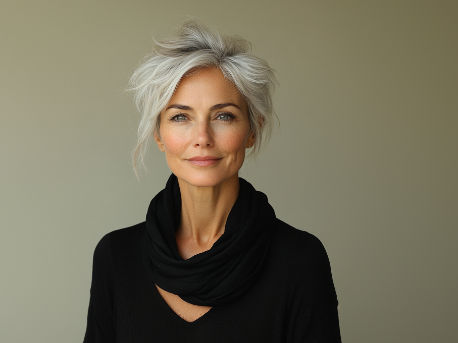 Kurzhaarfrisuren ab 60 - Frau mit Undercut mit Pony