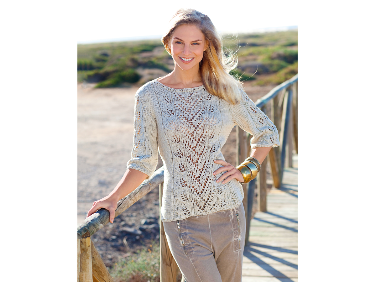 Stricken mit Leinen - Model in Pullover mit Blattmuster von Lana Grossa