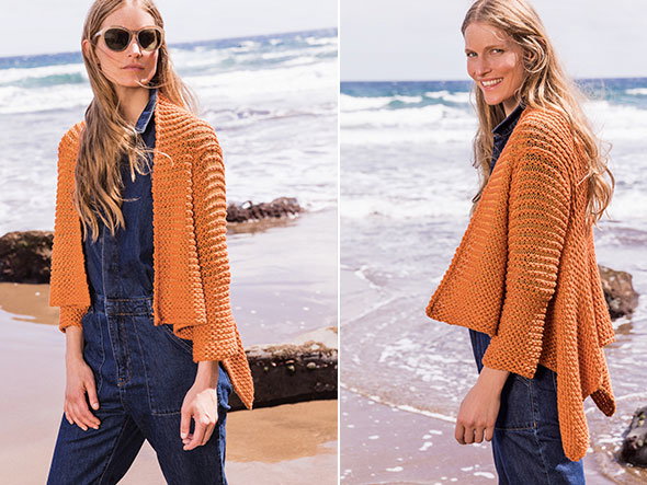 Stricken mit Seide - Model in hummerfarbener Strickjacke