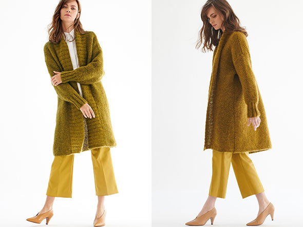 Stricken mit Seide - Model mit elegantem Long Coat