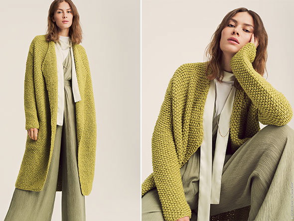 Stricken mit Seide - Model in grünem Strickmantel