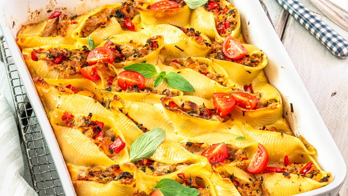 Muschelnudel-Gratin mit leckerer Thunfisch-Füllung
