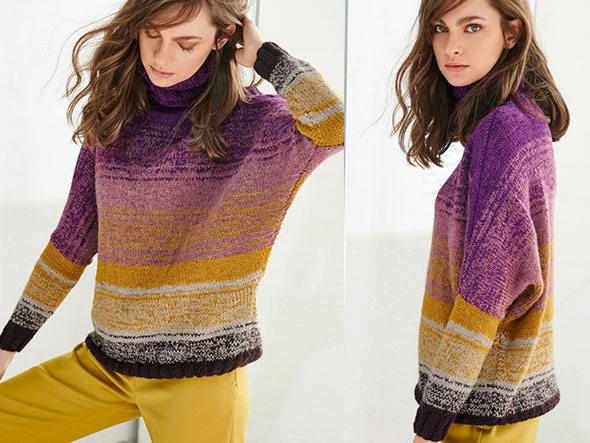 Stricken mit Rundstricknadel - Model in bunten Pullover von Lana Grossa