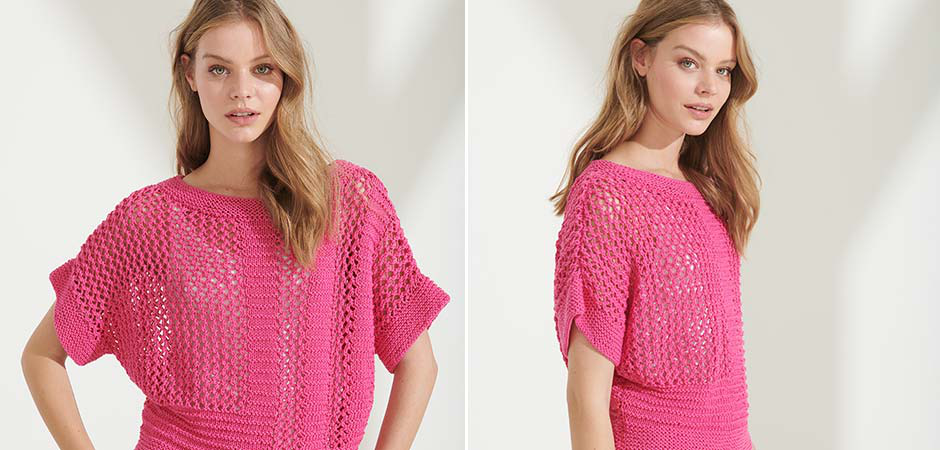 Stricken mit Rundstricknadel - Model in pinkem T-Shirt von Lana Grossa