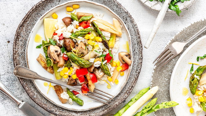 Schnelles Rezept für Spargel-Reis-Pfanne mit Champignons - einfach, schnell & lecker
