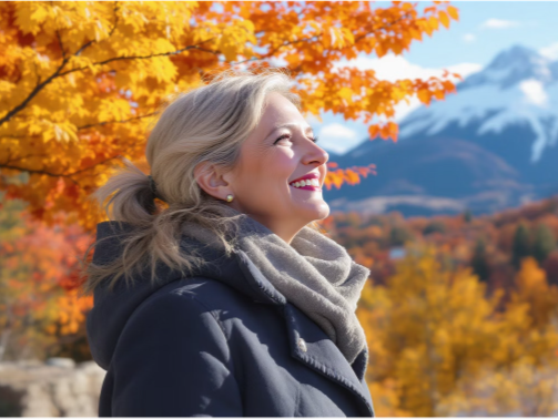 Eine Frau steht unter einem Baum im Herbst