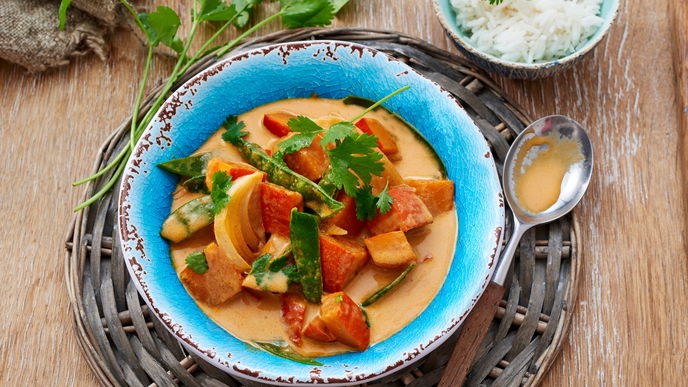 Rezept für Kürbiscurry mit Zuckerschoten