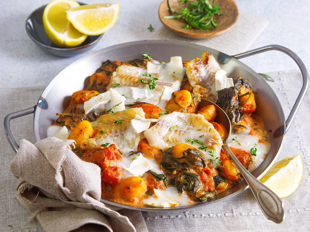 Gnocchi-Spinatpfanne mit Fisch
