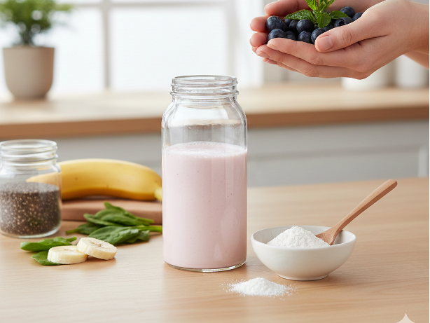 Ein Shake mit Früchten und Kollagenpulver