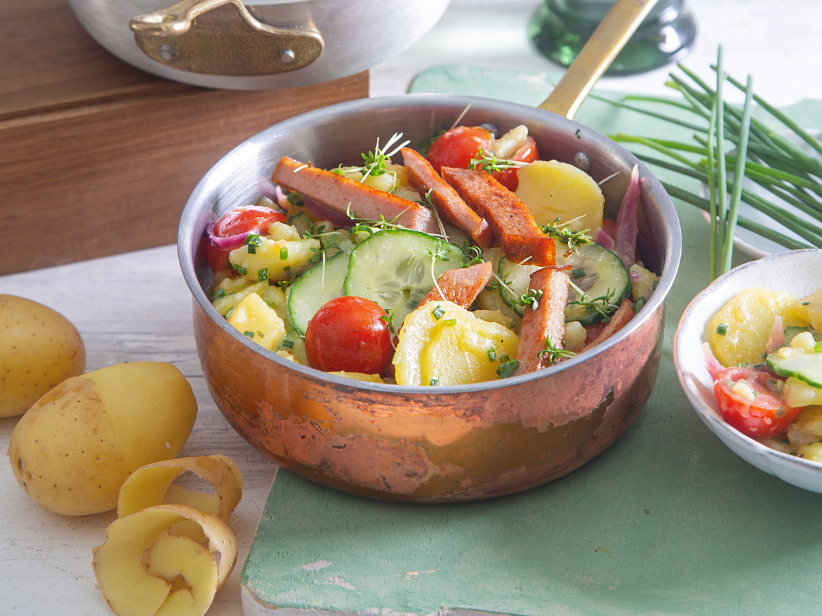 Bayerischer Kartoffelsalat mit gebratenem Leberkäse