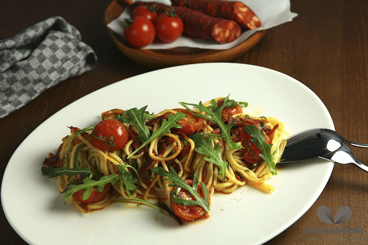 Chorizo-Linguini mit Ruccola