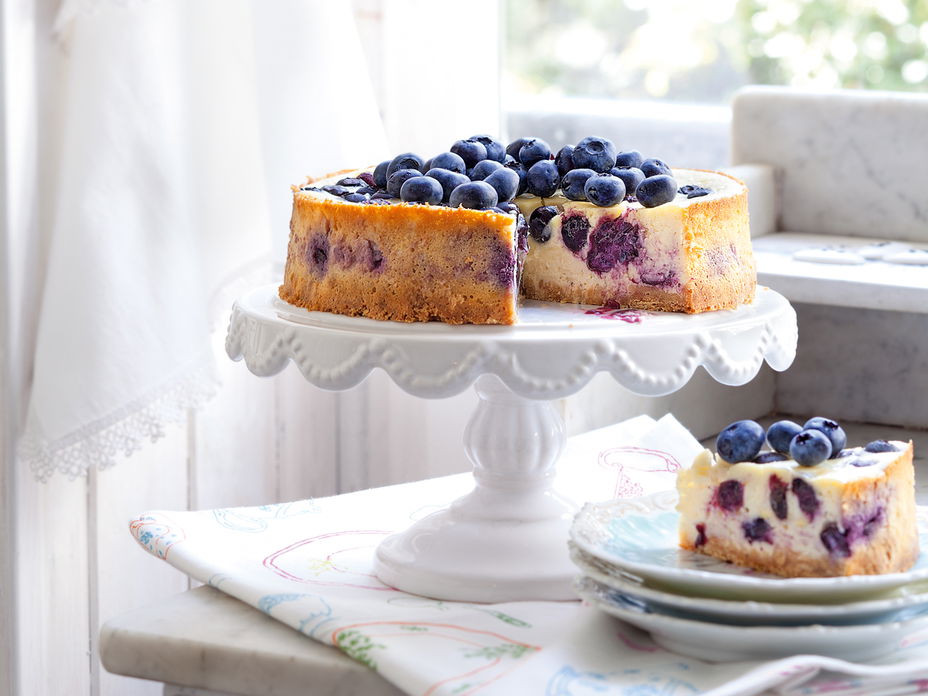 Blueberry Cheesecakemit einm Boden aus Butterkeksen und einer Creme aus Ricotta und Frischkäse