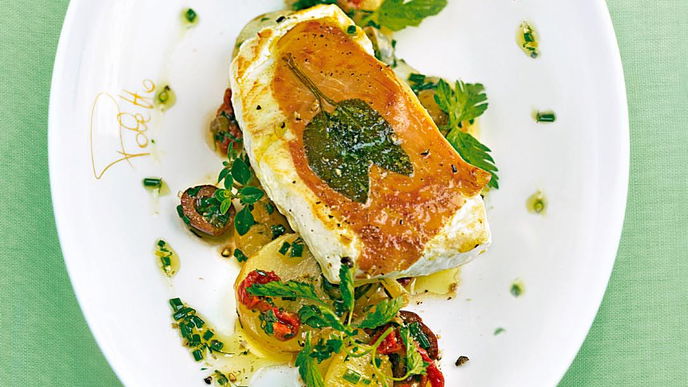Heilbutt-Saltimbocca mit ligurischem Kartoffelsalat
