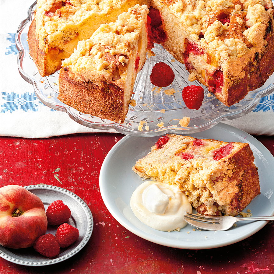 Fruchtiger Himbeer Pfirsich Kuchen