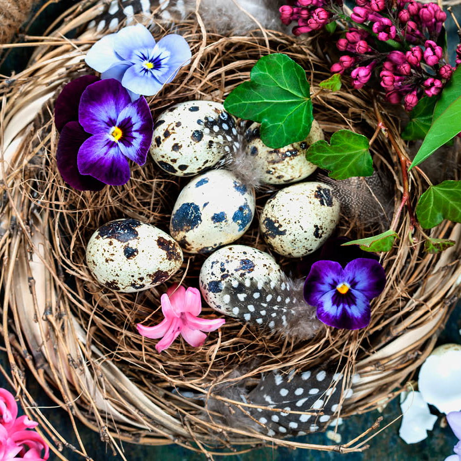 Geflochtener Kranz mit Eiern als Osterdekoration