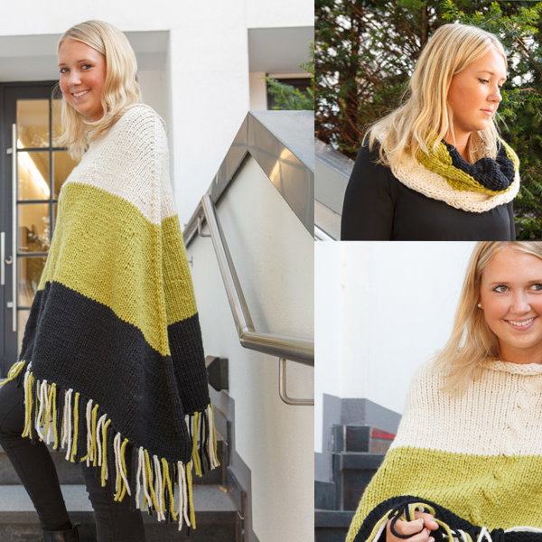 Poncho und Schal in weiß, grün und schwarz