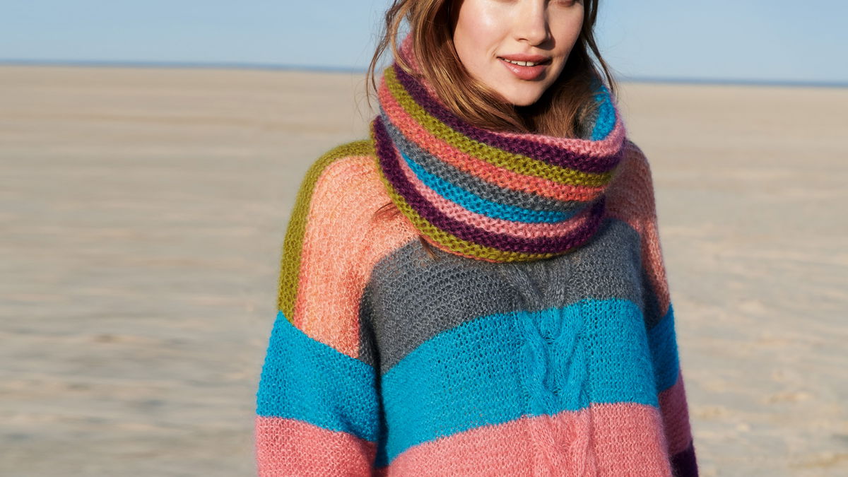 Das perfekte Duo für kalte Tage: Pullover und Streifen-Loopschal zum Selberstricken